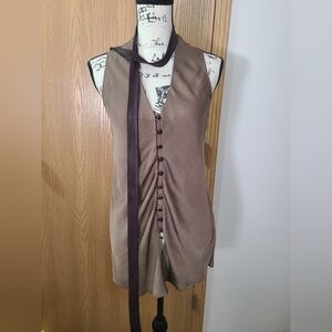SW3 Bespoke Brown Satin Neck Tie Bow Scarf Button Down Tank Top
